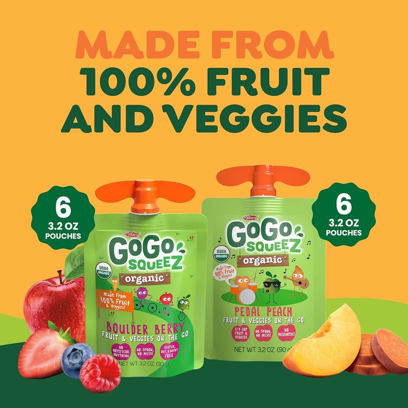 GoGo squeeZ Organic Fruit & VeggieZ Applesauce and Puree Variety Pack - Pedal Peach & Boulder Berry, 12 Pouches of 3.2 oz Each - Image 5